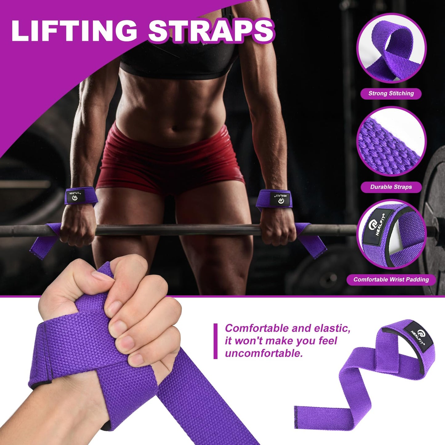 NEALFIT Barbell Pad Set with Lifting Straps & Ankle Straps - Squat Pad for Hip Thrusts, Lunges, Weightlifting - Heavy Duty Strength Training Equipment for Powerlifting, Home Gym (Purple)