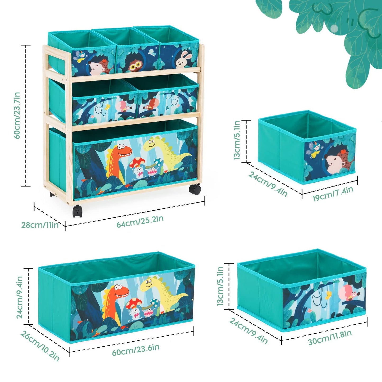 Jomifin Kids Toy Storage Organizer with Wheels, Utility Rolling Cart with 6 Removable Storage Bins for Bedroom, Playroom, Nursery, Large Capacity Pine Wood Shelf Unit for Toys, Books, Blankets (Green)