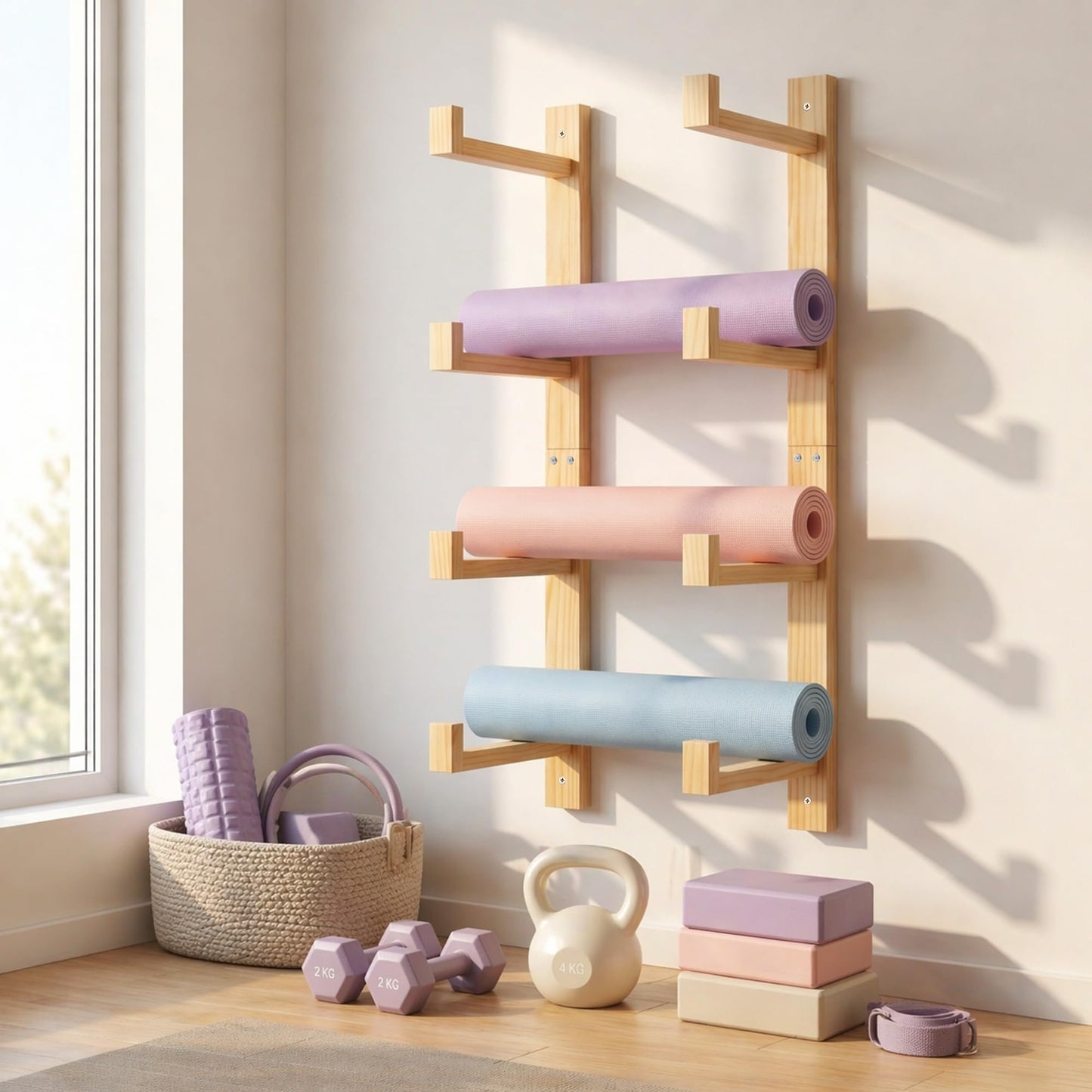 4-Tier Wooden Yoga Mat Holder Wall Mount, Yoga Mat Rack for Home Gym Organization, Wall Storage Hanger for Foam Roller and Fitness Accessories