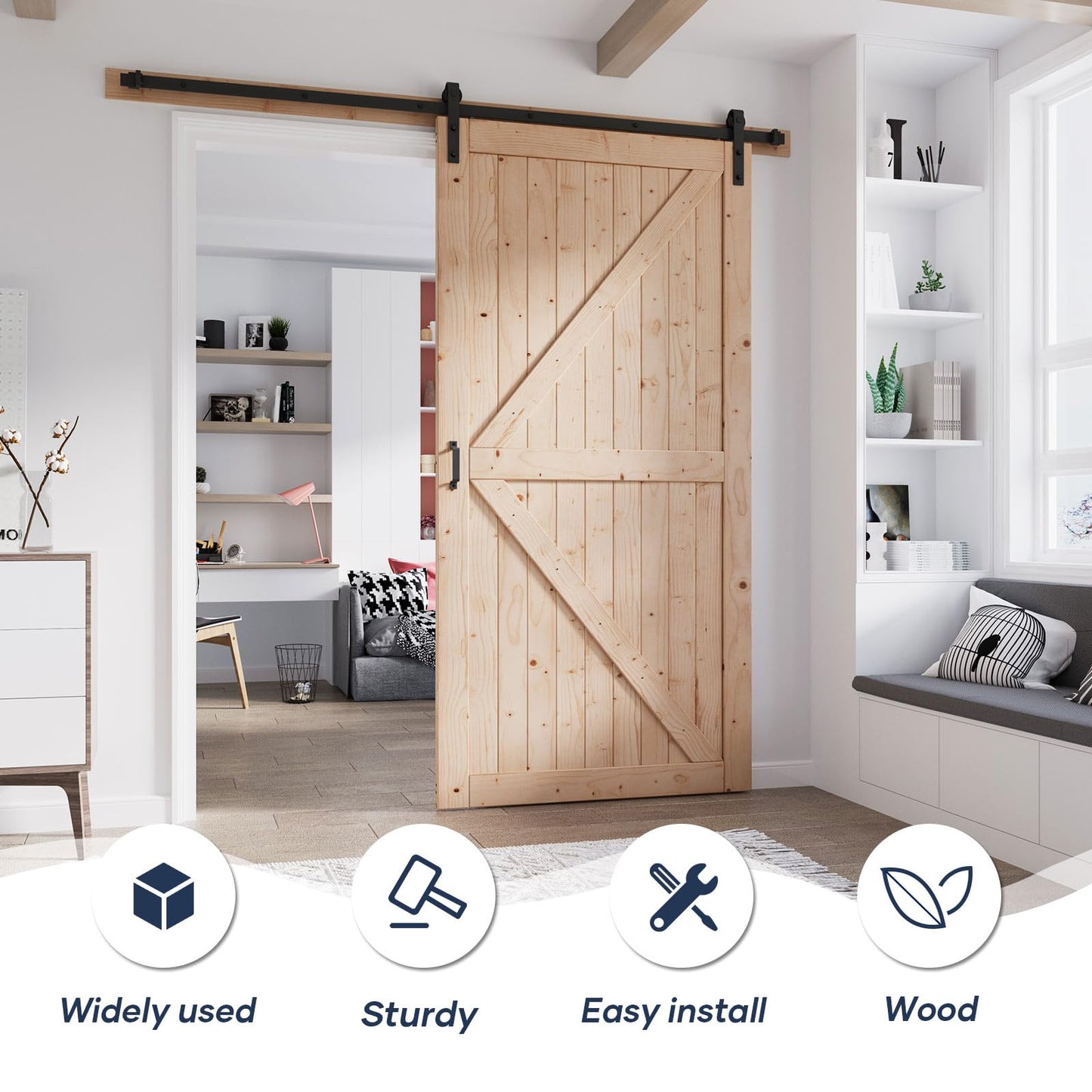 FREDBECK 48in x 96in Wood Sliding Barn Door with 8FT Barn Door Hardware Kit Included K Shape Solid Spruce Panel Sliding Door Double Surfaces Need to Assembly