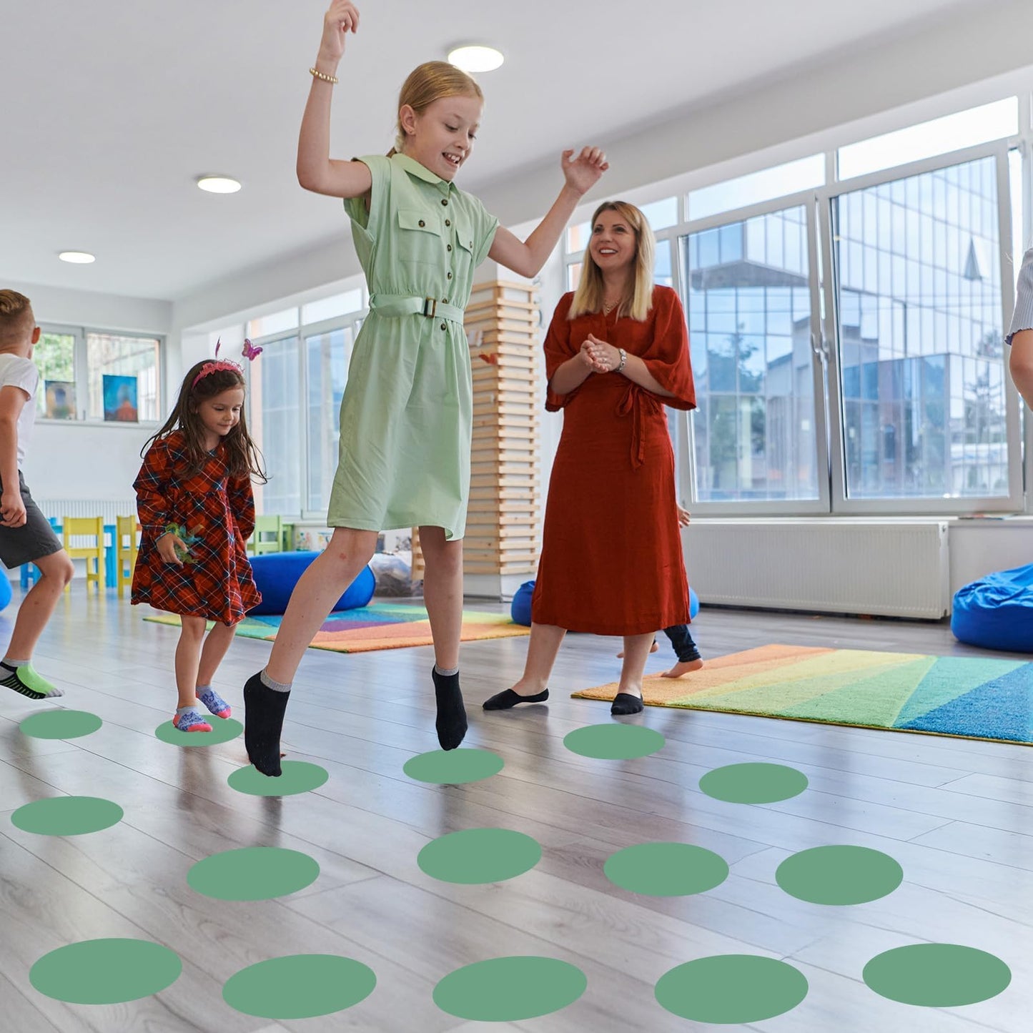 QOUBAI 60 Pcs 6in Classroom Floor Stickers Large Removable Number Spot Markers Eucalyptus Green Vinyl Floor Carpet Decals Line up Sitting Dots Stickers for Teachers Students Elementary Preschool