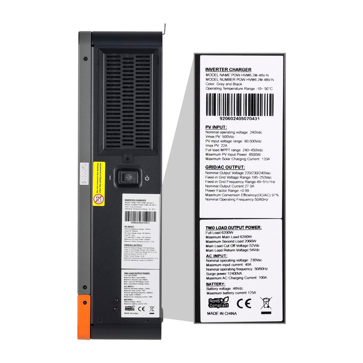 6200W Hybrid Solar Inverter, 48V to 220/240VAC, Off-Grid Solar Inverter w/ 120A MPPT Solar Charge Controller, Max PV Input Power 6500W, Max PV Array Voc 500Vdc, Work 48V Lead Acid & Lithium Battery