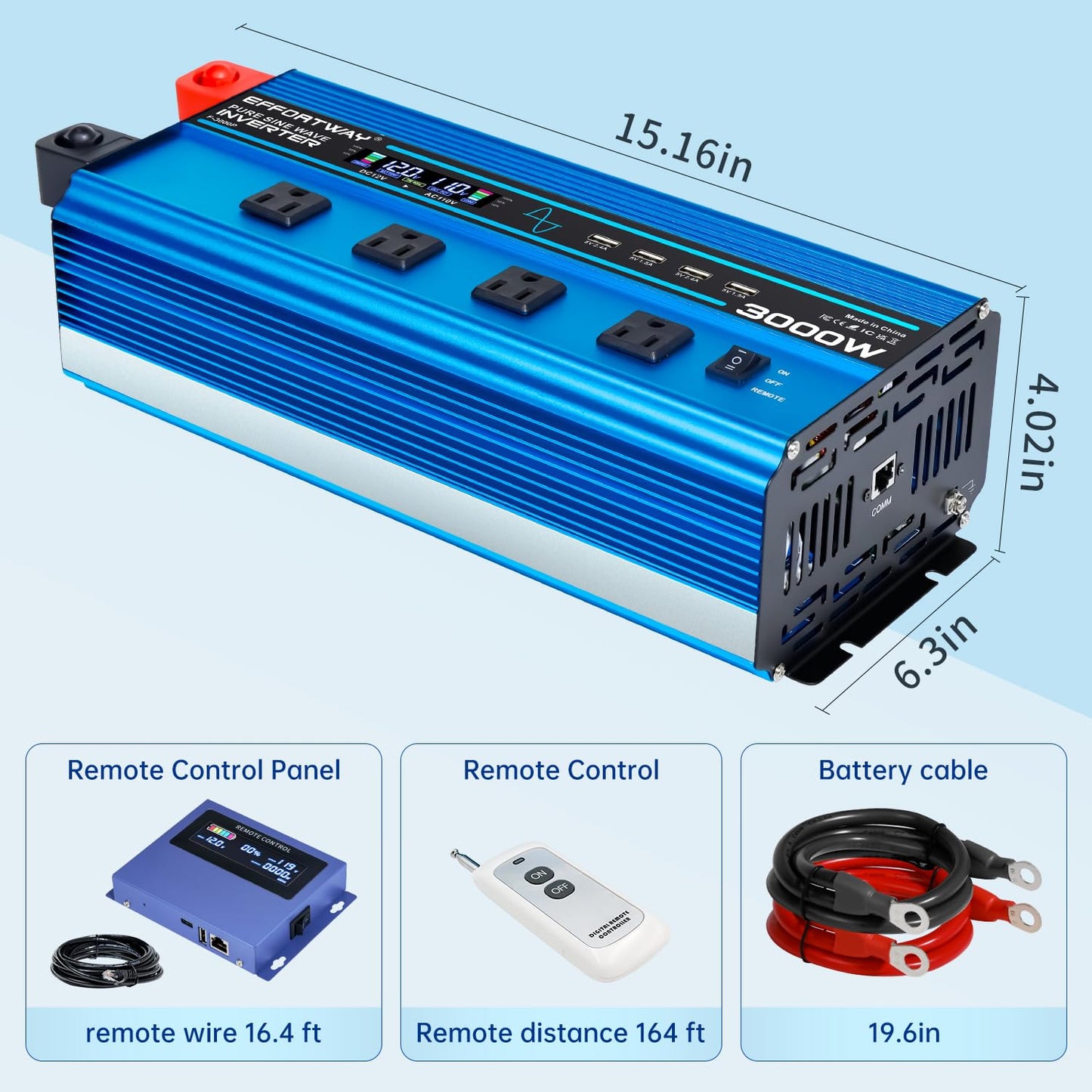 3000w Pure sine Wave Inverter DC 12V to AC 110V/120V Converter, 6000w (Peak) with LCD Display, Wireless/Wired Remote Control, 4AC outlets and 4USB.Ideal for Camping, RV Travel, Off-Grid Solar Systems