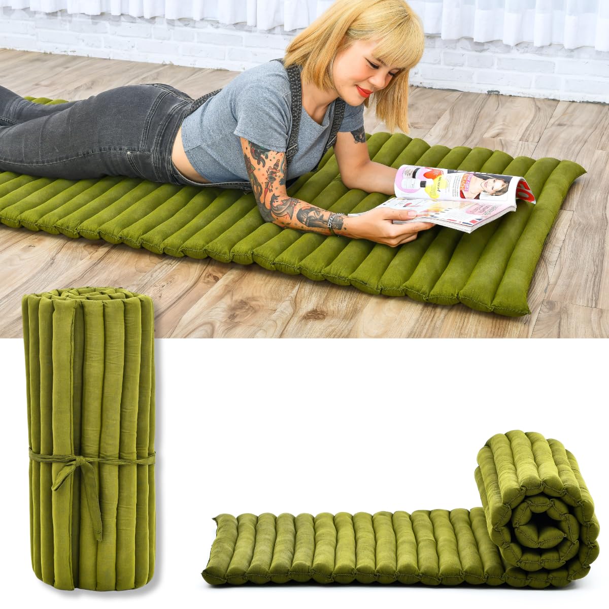 Leewadee - Foldable Floor Mattress - Japanese Roll Up Futon -Trifold Tatami Mat- Guest Floor Bed - Camping Mattress - Thai Massage Mat, Kapok Filled, 75 x 28 inches, Green