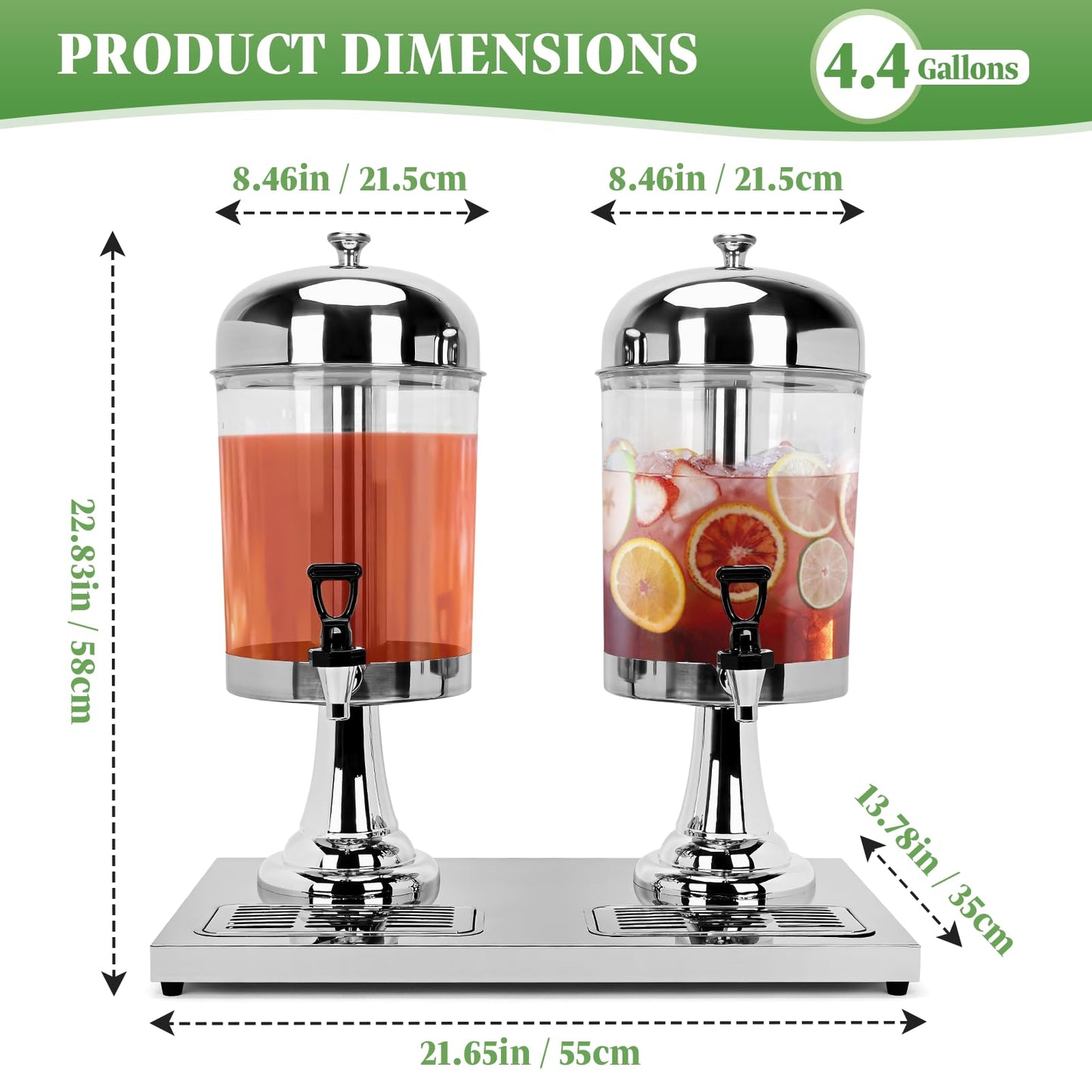 tonchean 4.4 Gallon Dual Drink Dispenser, Beverage Dispensers with Ice Core and Spigot, Stainless Steel Juice Dispenser for Parties, Wedding, Hotel Buffet, Banquet, Restaurant