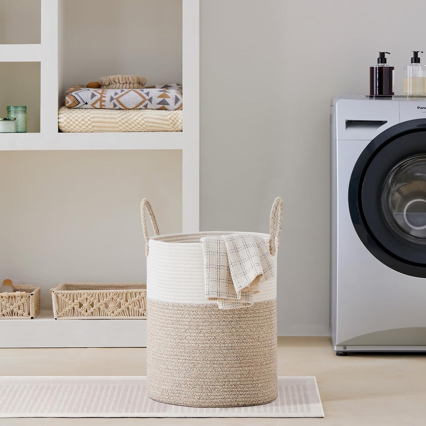 VIPOSCO Large Laundry Hamper - Tall Woven Rope Storage Basket for Blankets, Toys & Clothes | 53L White & Brown