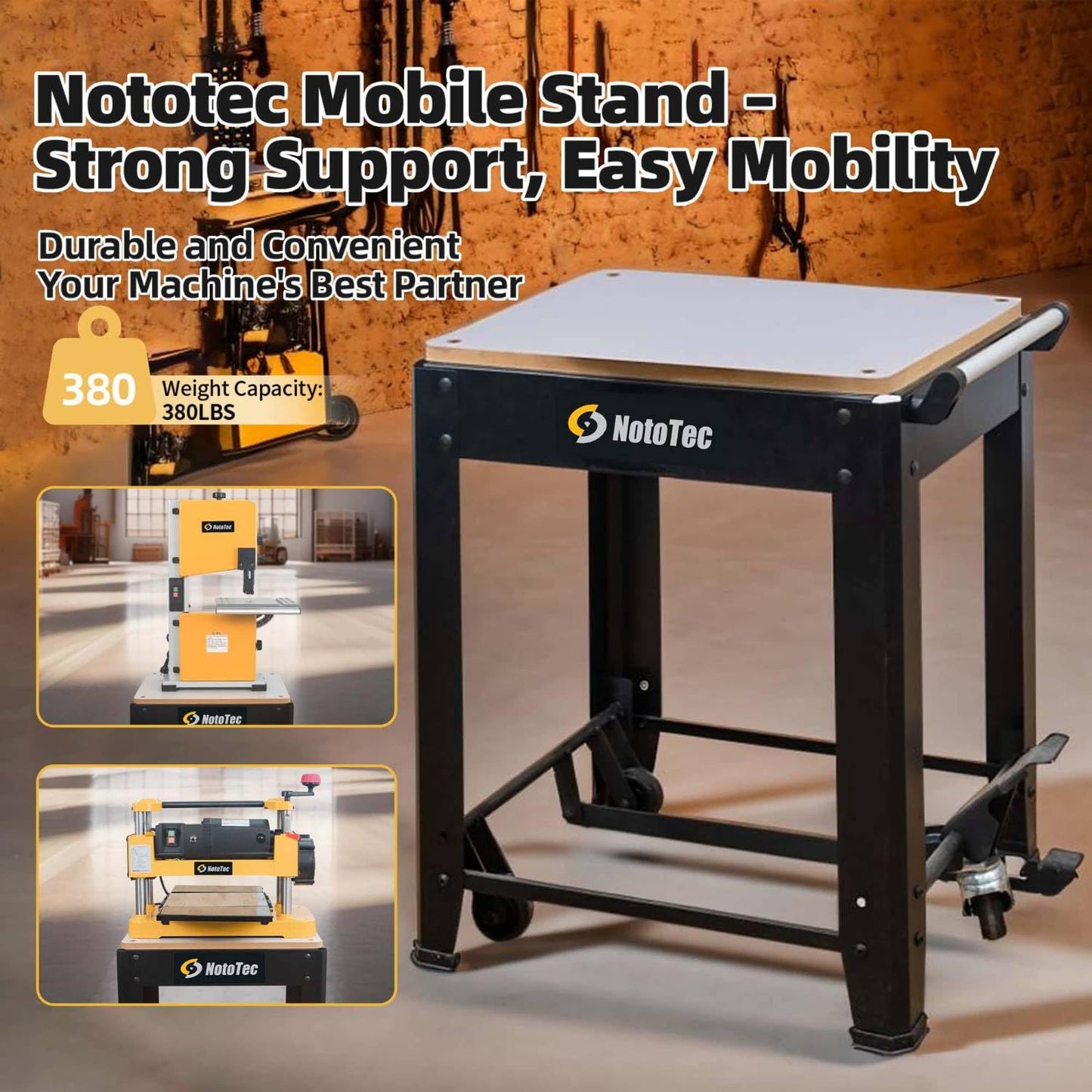 NotoTec Rolling Planer Stand / Planer Cart with Pedal-Activated Wheels & Locking Base, Heavy-Duty Steel Work Stand, 380 lb Capacity, Mobile Stand for Benchtop Planers, Jointers, Bandsaws & Drill Press | 29206U01