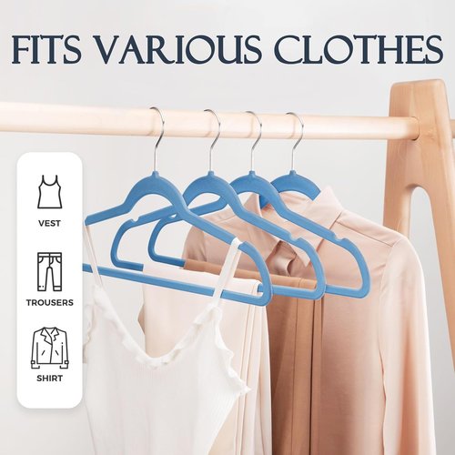 HOUSE DAY Velvet Hangers - Non-Slip Heavy Duty 60 Pack in Tranquil Blue | Slim Space-Saving Design with 360° Rotating Hook