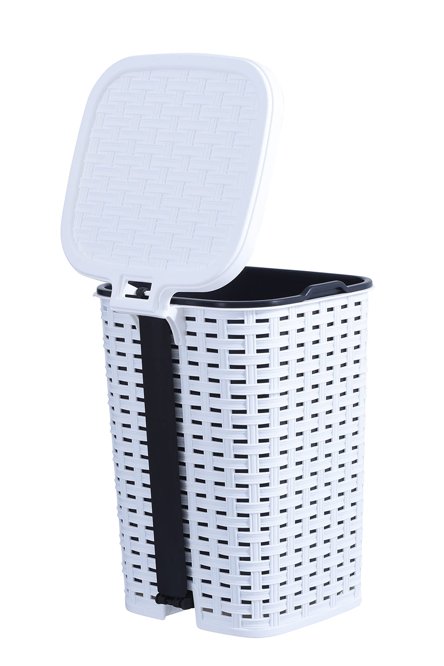 Superio Small Outdoor Trash Can with Lid for Dog Poop 3 Gallon/12 L Mini Plastic Garbage Can with Foot Pedal for Bathroom, Bedroom, Office, Patio, Wicker White, 5 Pack