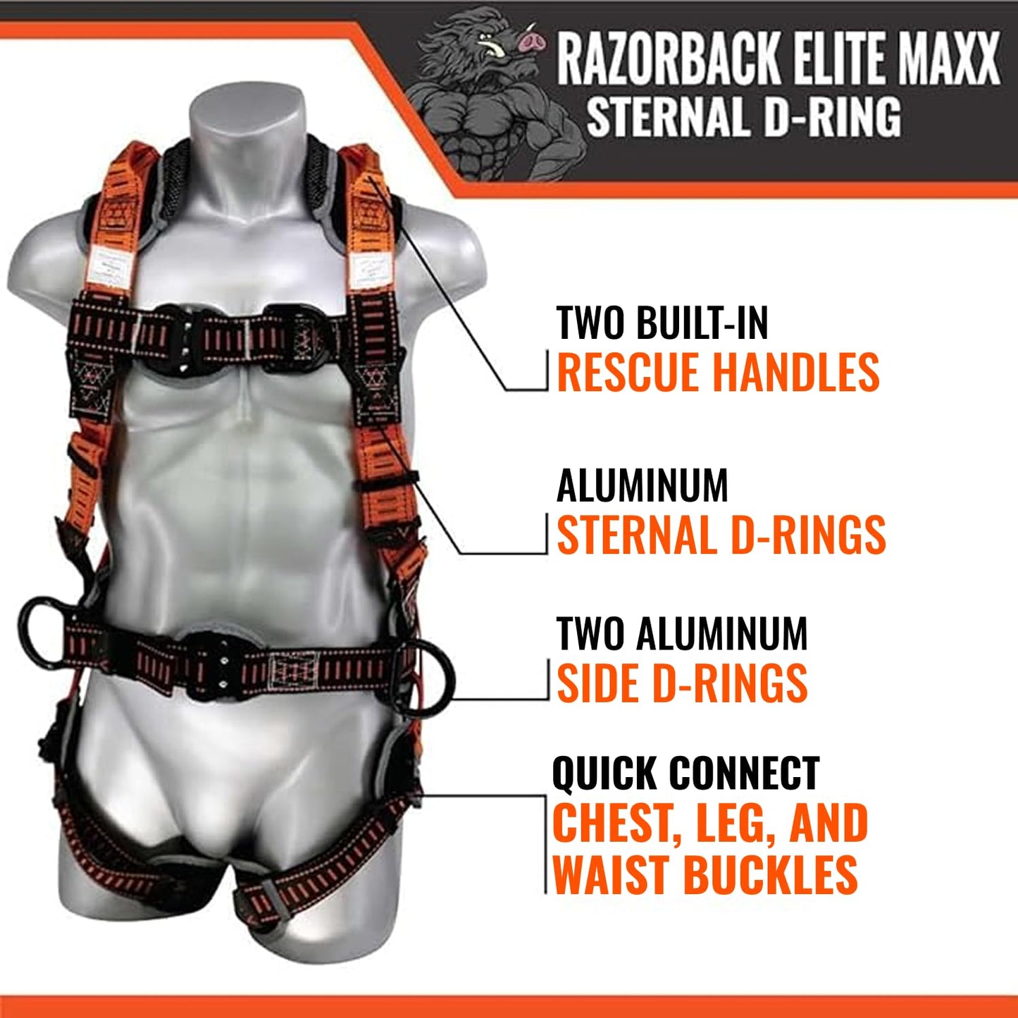 Malta Dynamics Razorback Elite MAXX - Safety Harness and Fall Protection Kit with Sewn in Lumbar Support Belt and Built-in Rescue Handles for Fall Arrest, OSHA & ANSI Compliant (Large-XLarge)