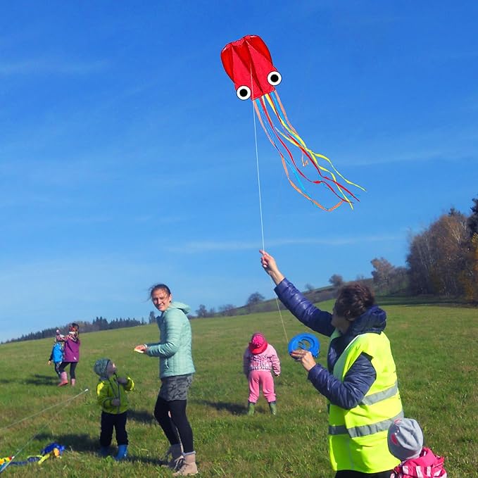 Octopus Kites for Kids & Adults Easy to Fly, 24”x 158” Large Soft Kite Kit for Boys and Girls, Single Line 3D Beach Kite Set for Teens,Perfect for Outdoor Activities