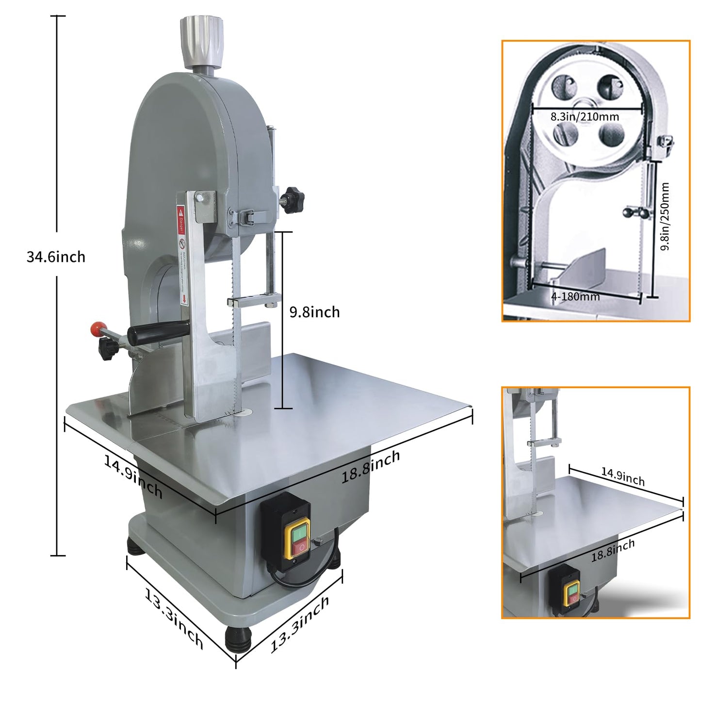 1100W Commercial Electric Meat Bandsaw 110V Electric Bone Saw Machine, Thickness Range 0.16-7.1 Inch, Table Sawing for Cutting Rib, Frozen Meat with 5 Saw Blades and 18.8" x 14.9" Workbench