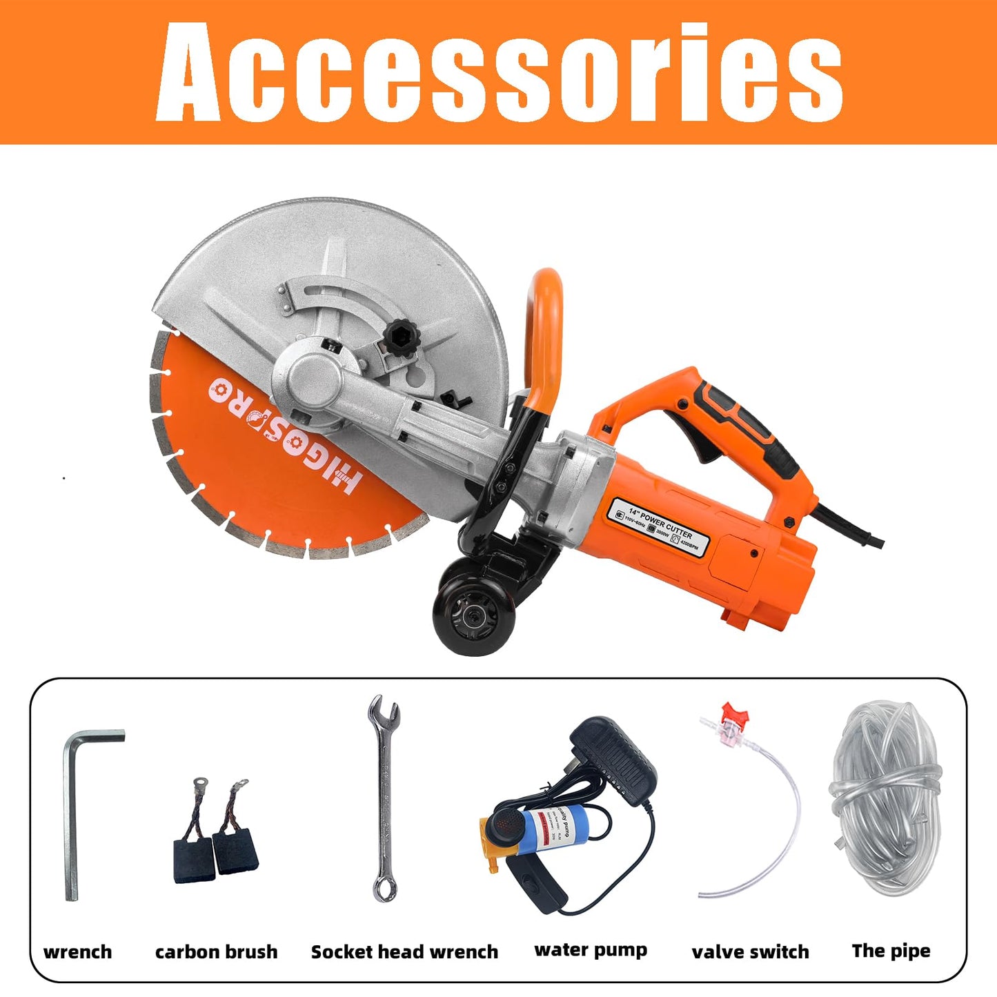 HIGOSPRO 14-Inch Electric Concrete Saw 3000W, 110V Cut-Off Saw with Diamond Blade, 4.8" Max Cutting Depth, Heavy-Duty Cement Grinder for Asphalt, Brick, Stone