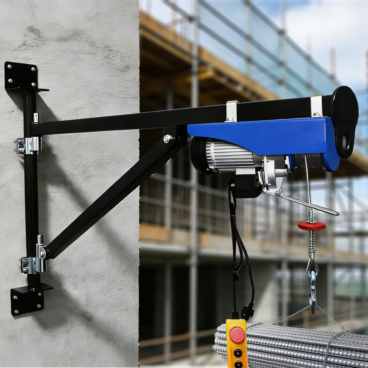 Erivanya Wall Mount Jib Crane, 180 Degree Rotation Electric Scaffolding Lift with 660lbs Max Load Capacity, Electric Hoist Holder Swing Arm with Pole
