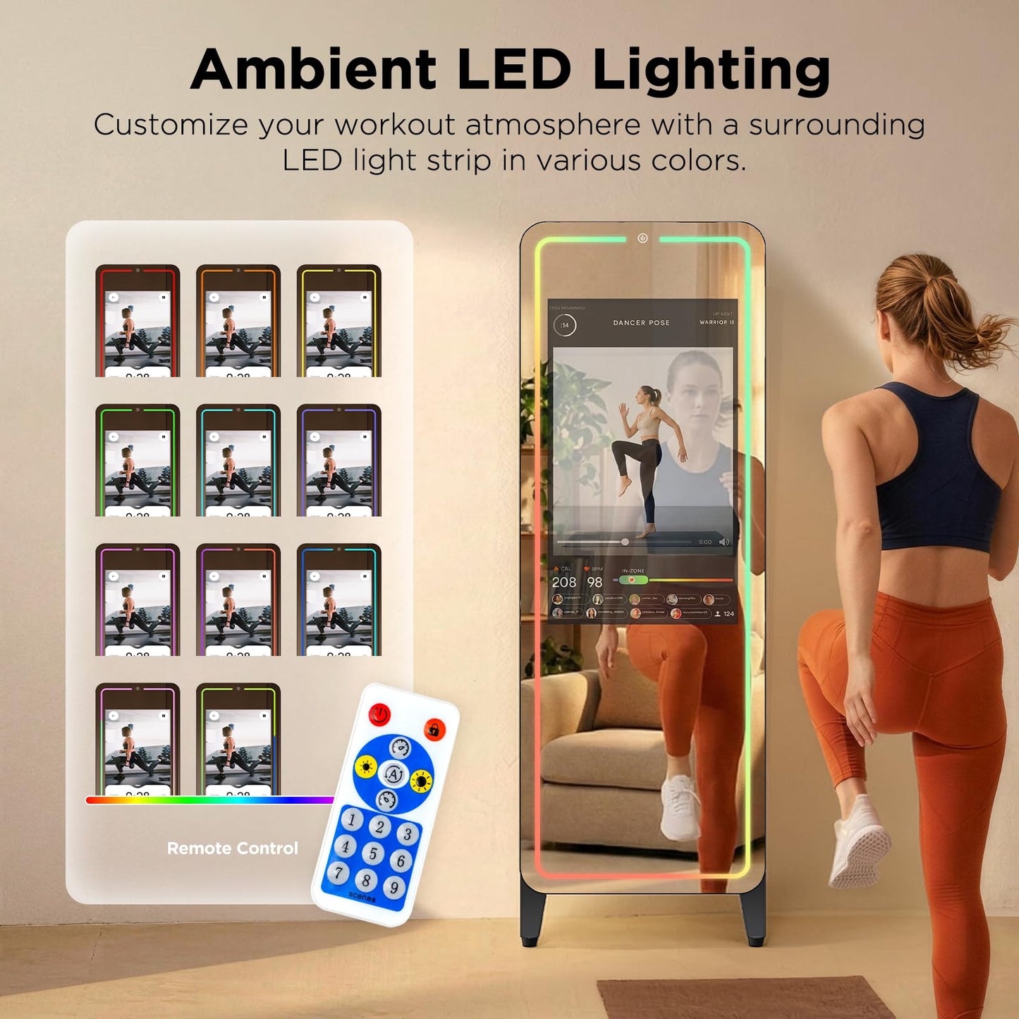 Smart Gym Mirror for Home Workouts, 32" HD Touchscreen with Android OS, 63" Full-Length Mirror, No Subscription Required, Fitness App Support, Voice Control & Music Sync LED Light Strip