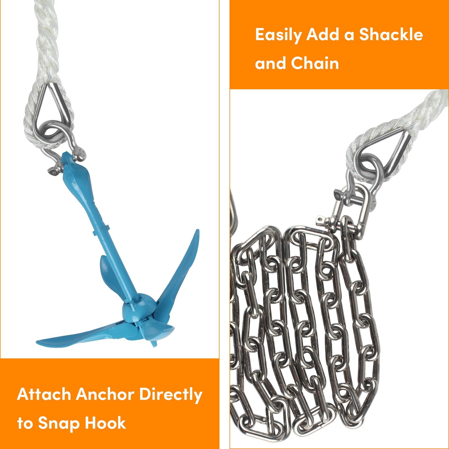 Anchor Rope 100 ft X 1/2 inch, 3-Strand Twisted Nylon Anchor Line, Boat Rope with Stainless Steel Thimble and Shackle for Boating, Anchoring, Mooring,Pulling (White)