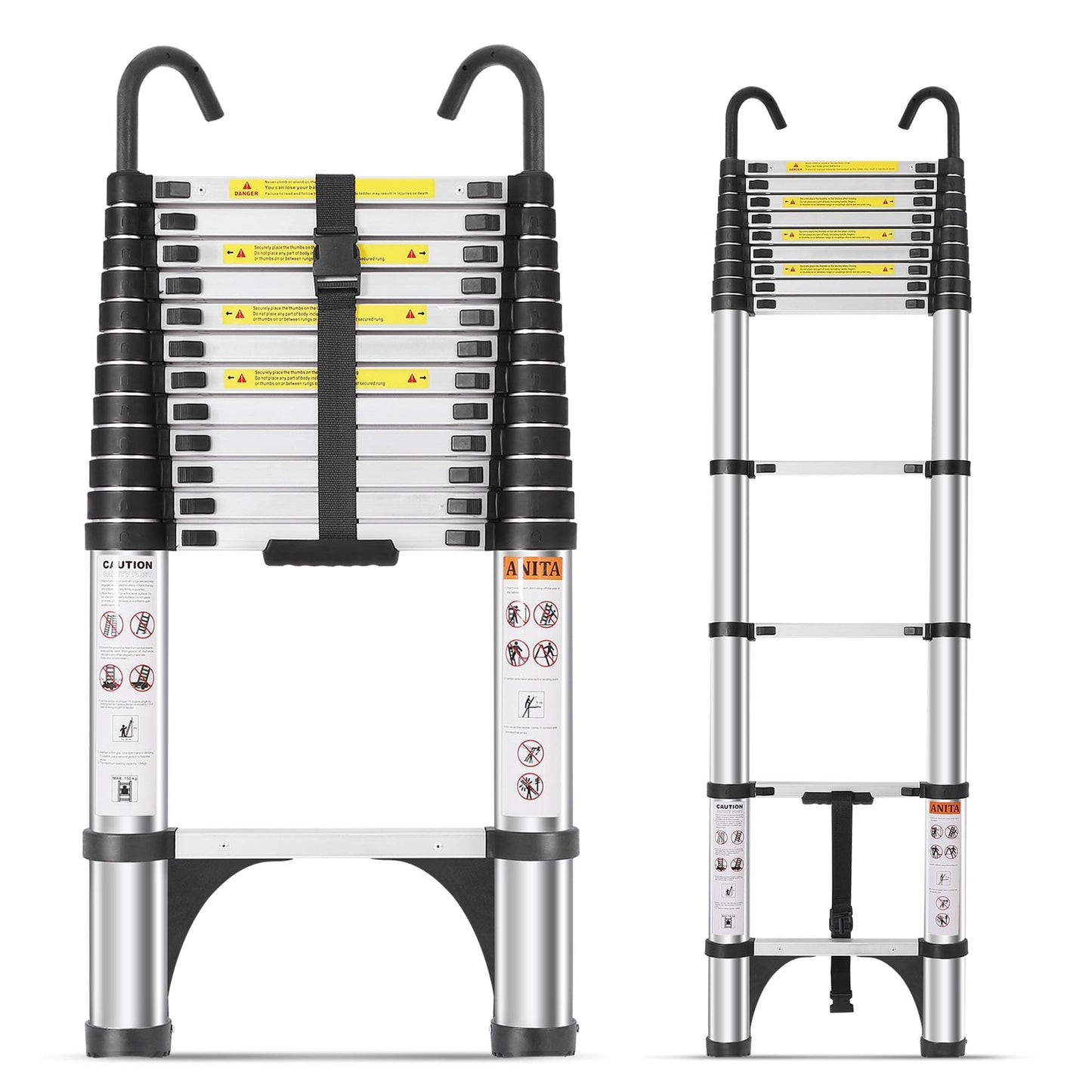 Telescoping Ladder 16.4 FT, Aluminum Lightweight Extension Ladder, 2 Detachable Hooks & 2 Triangle Stabilizers, 330lbs Capacity