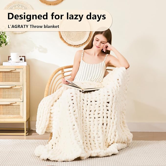 L'AGRATY Chunky Knit Blanket Throw - Soft Chenille Yarn Throw Blanket 40x50: Handmade Thick Cable Crochet Blankets - Large Blankets Chunky Yarn - Rope Knot Throw for Couch Sofa Bed Home Decor
