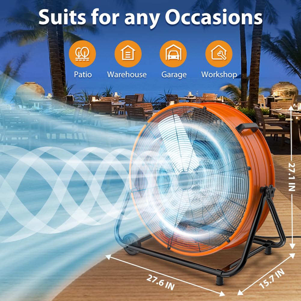 LifePlus 24 Inch Industrial Drum Fan, 320W High Velocity Floor Fan, 3 Speed Heavy Duty Metal Air Circulator, 360° Tilt with Casters Handle ETL Standard for Patios, Warehouse, Commercial, 8900CFM