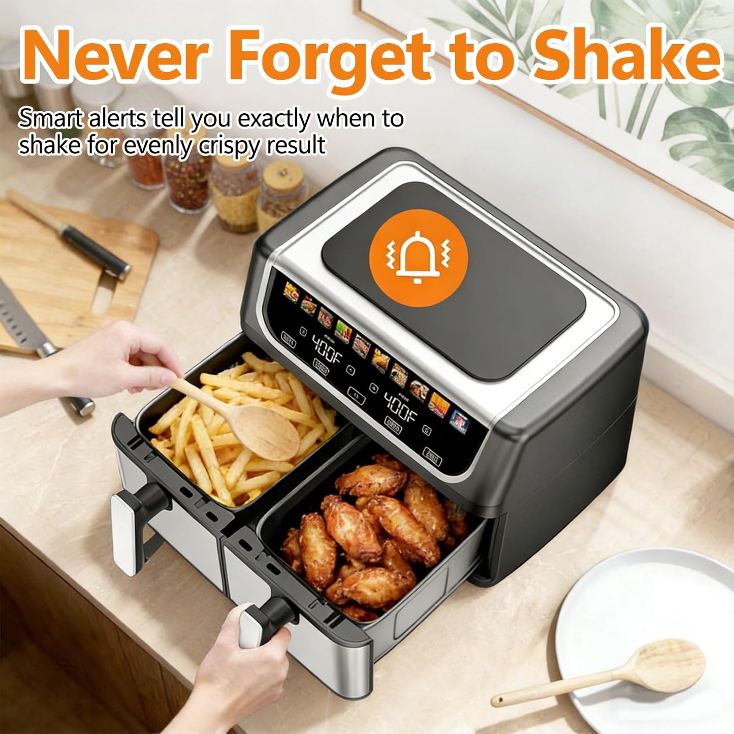 Simple Deluxe 9.5-Qt Dual Basket Air Fryer, 10-in-1 Digital Preset 1700W Airfryer, Sync Cook, Independent Temp Control, Shake Reminder, Nonstick Basket, Black