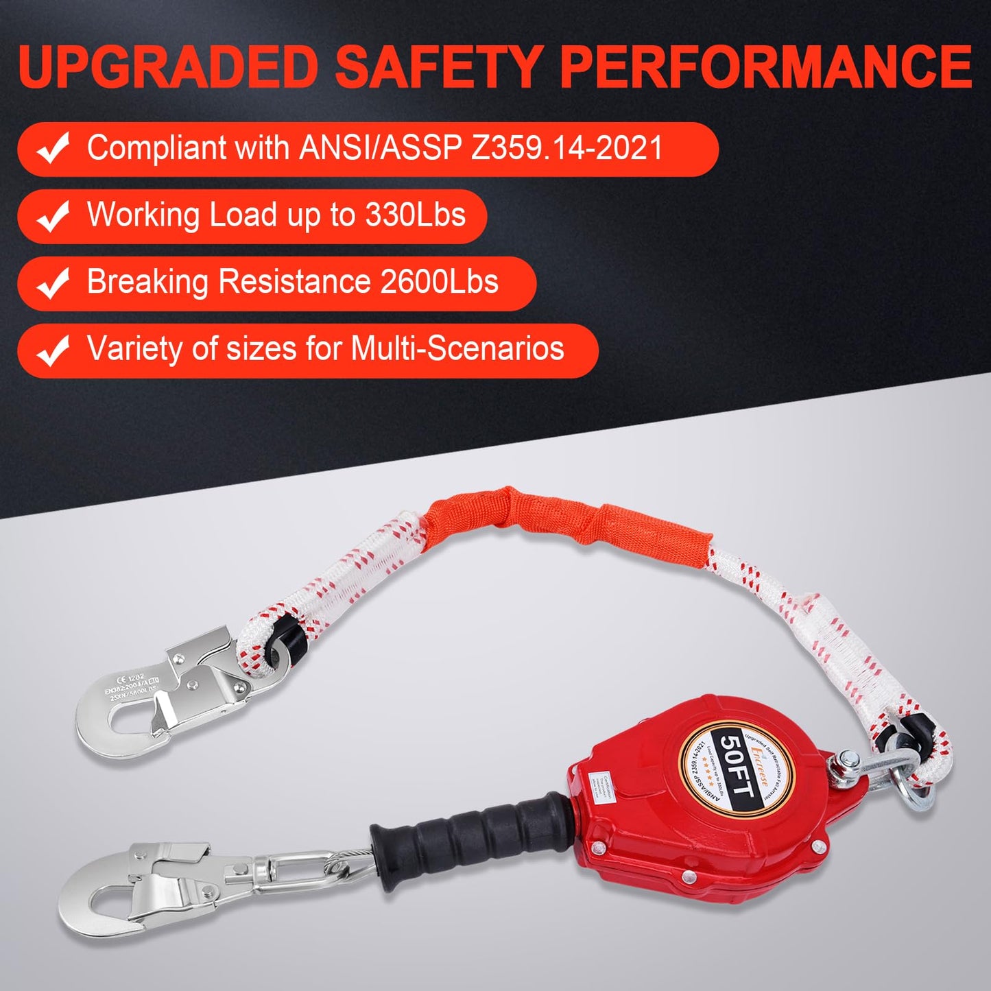 Self Retractable Lifeline Fall Protection Lanyard 50FT UPGRADED Arrester Safety Rope Double Locking Falling Protector Gear, Alloy Steel Roofing Harness Heavy Duty Dynamic Rotation Hook Cable Wire