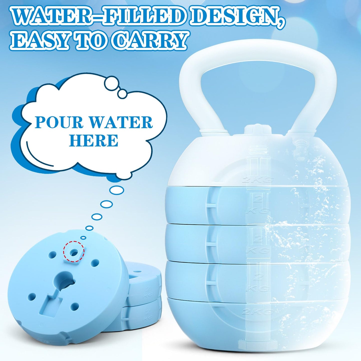 JolliLudo Adjustable Water Filled Kettlebell 5/8/13/17/22 lb Water Filled Kettlebells Weights Set for Home Gym, Kettle Bell Sets for Women at Home and Cross-training Exercise (Blue)