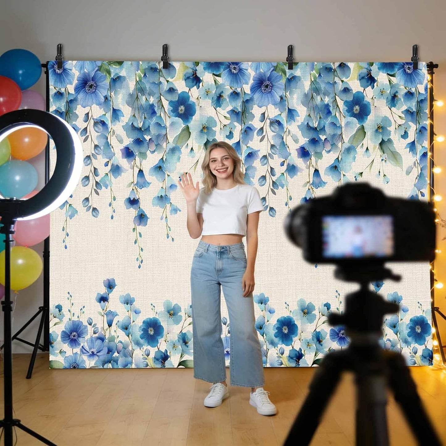 Znujuabbrel 10x8ft Props,Country Photography Backdrop,Retro Blue Flowers on Jam Professional Photo Backdrops