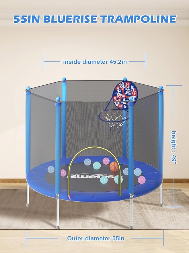 BLUERISE Trampoline 55IN 6FT Toddler Trampoline for Kids Indoor Outdoor Play for Kids Trampoline Basketball Hoop Attachment with Enclosure Net Easy to Assemble Outdoor Indoor Trampoline