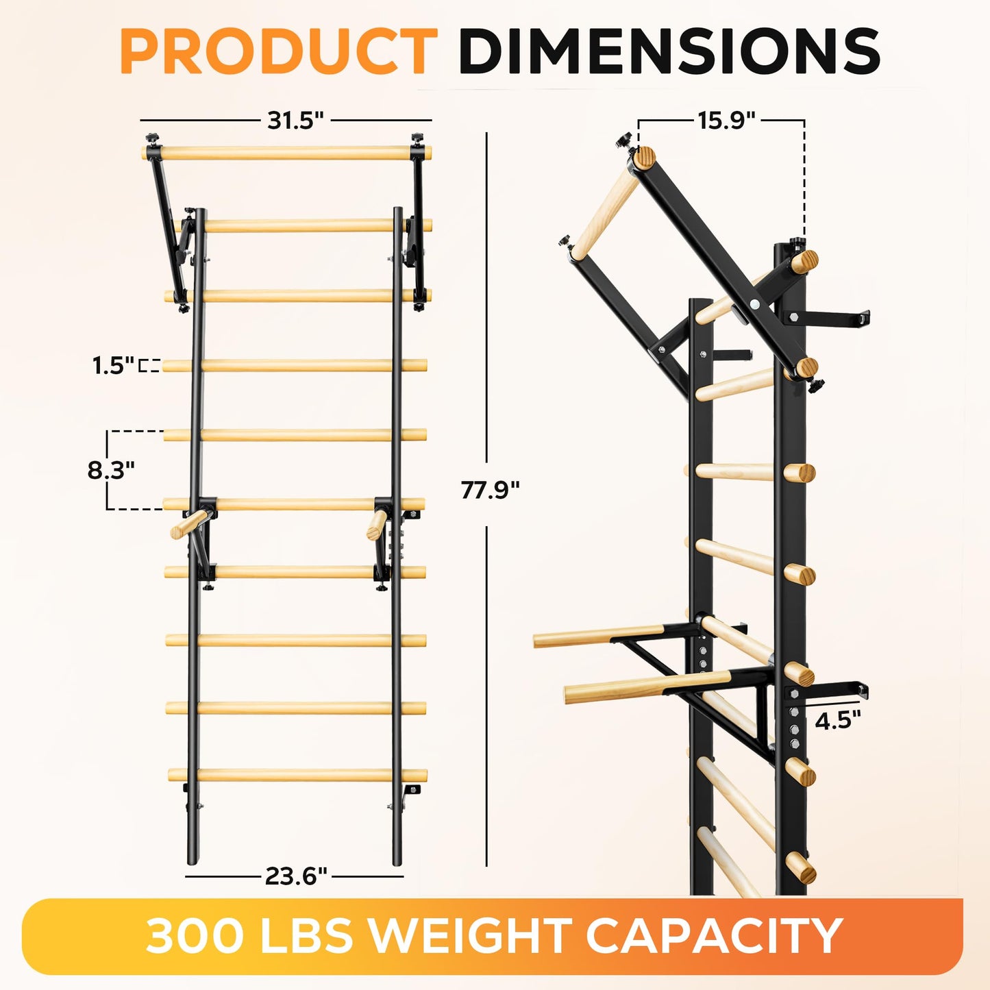 GymYard Swedish Ladder, Wood Stall Bar, Swedish ladders Wall Gym Adult, Adjustable Pull Up and Dip Station for Adults and Kids, 9-Anchor Solid Pine, Home Fitness