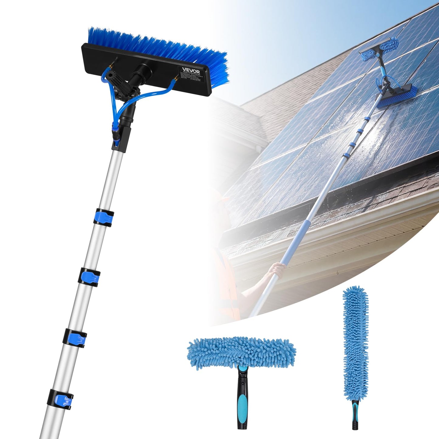 VEVOR Solar Panel Cleaning Kit, 26 ft, Water Fed Pole Kit with Cleaning Brush, Soap Dispenser, Extendable Aluminum Telescopic Pole, 180° Rotatable Brush Head, for Roof Mounted Solar Panels, Windows