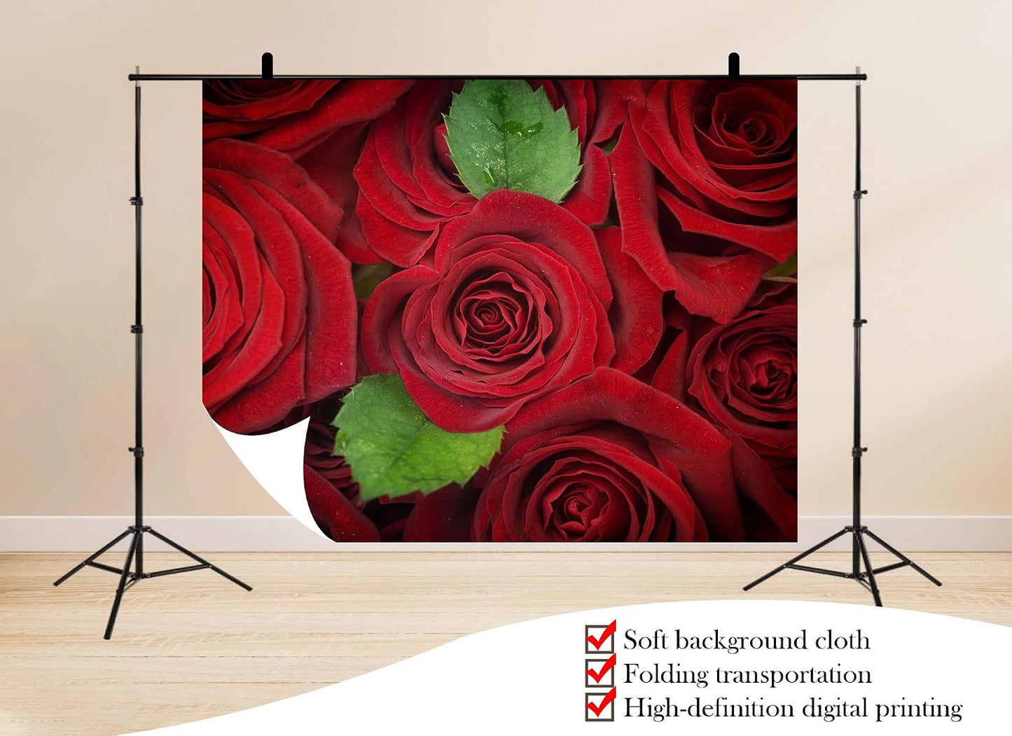 UPXIO 10x10ft Red Roses with Green Leaves Backdrop Romantic Floral Bouquet Photo Background Tapestry for Valentine's