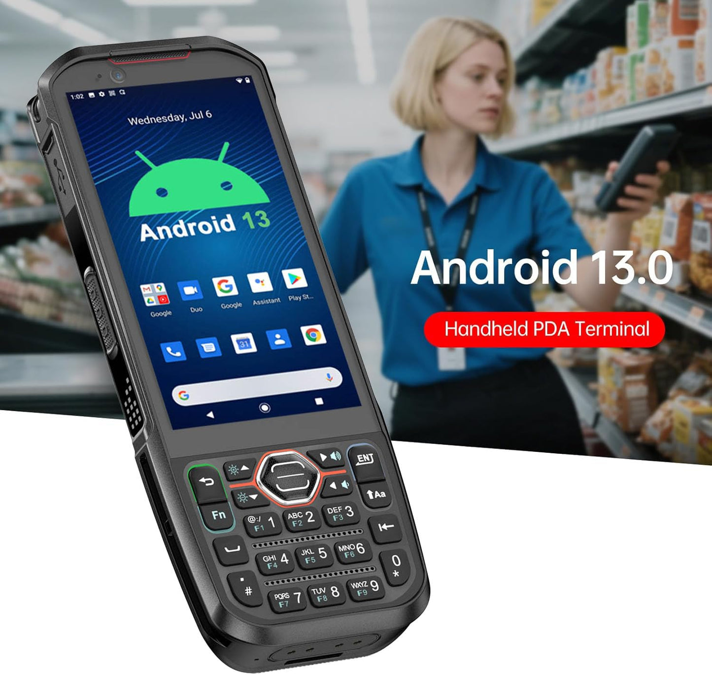 RUGLINE 2025 Android13 PDA, 6GB+64GB Barcode Scanner with Keypad, Equip with 1D 2D QR Code Scanner, Support hot-swappable, BT, WiFi, 4G LTE, NFC, 8-Core CPU Inventory Barcode Data Collector