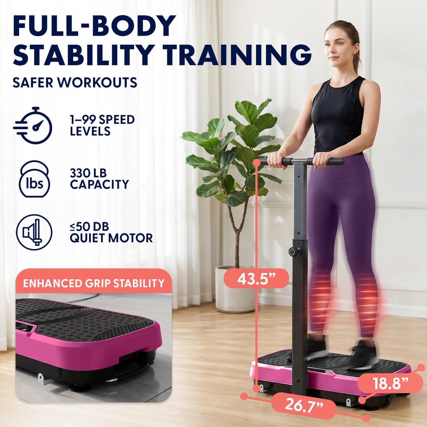 SQUATZ Vibration Plate Exercise Machine with Handlebar, Vibration Plate with Handles, 1-99 Speed Levels, 10 Preset Programs, Low-Impact Home Fitness Platform with Remote, Portable Design, Pink