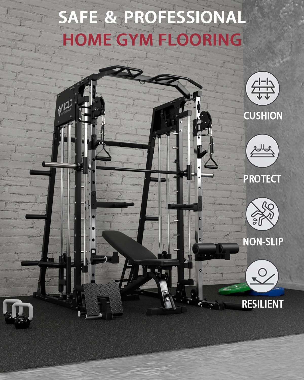 Mikolo 0.56 Inch Thick Gym Flooring for Home Gym, 12 Tiles Exercise Equipment Mats with EVA Foam and Rubber Top, Interlocking Puzzle Rubber Gym Flooring, Protective Flooring Mat
