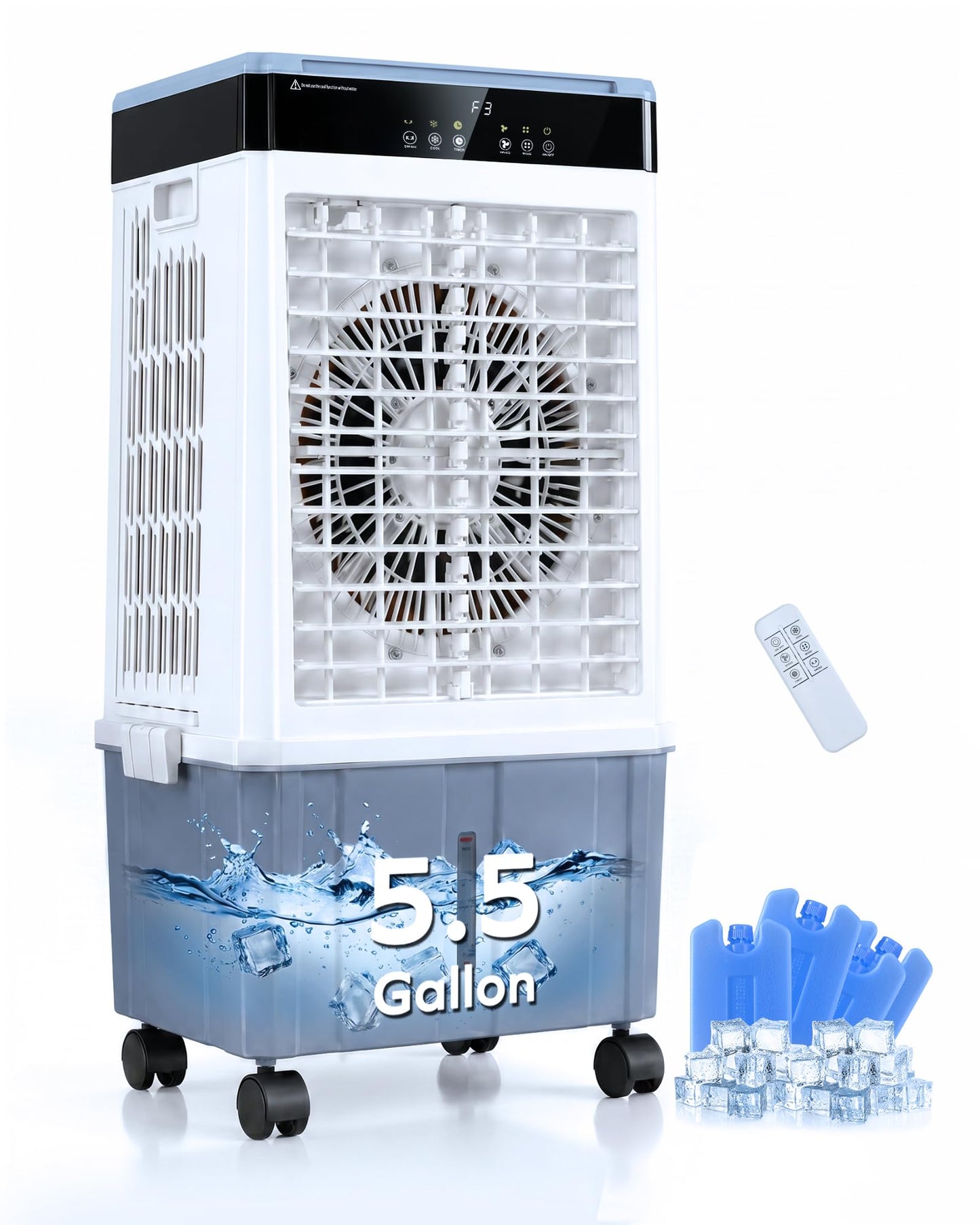 Air Choice Swamp Cooler, 3000CFM 31" Evaporative Air Cooler, 5.5Gal Removable Tank & 4 Ice Box, 120° Oscillation, 3 Speeds, Remote, 12H Timer, 3-in-1 Air Cooling Fan for Outdoor, Office, Bedroom, Blue