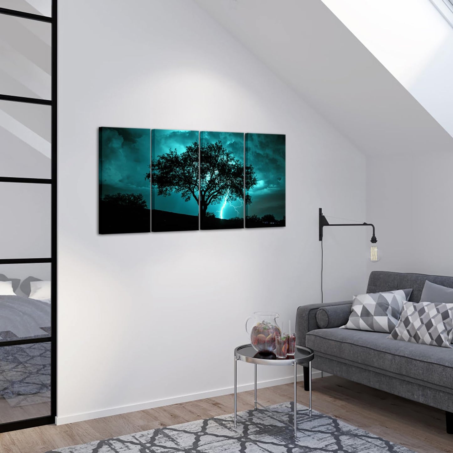 NutArtPic Tree Canvas Wall Art Teal Big Tree with Lightning Strikes Picture Artwork Natural Landscape Artwork Painting for Home Decor 12''x24''x4pcs (Teal)