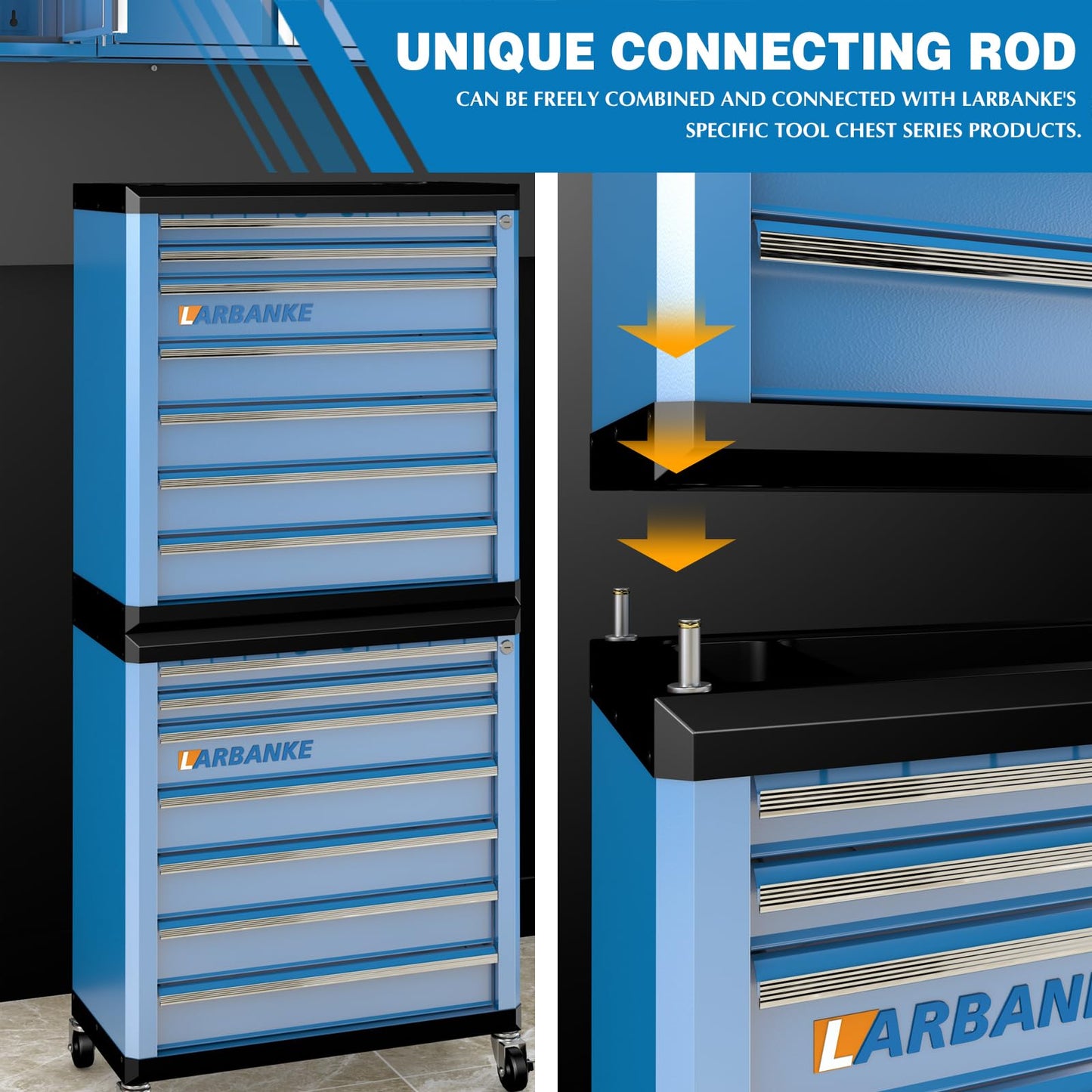 LARBANKE 7-Drawer Rolling Tool Chest with Lock&Keys and Swivel Casters,Tool Chest with Multi-Sizes Drawers and Multifunctional Countertop,Special Connect Rods for Connection with 5-Drawer Tool Cabinet