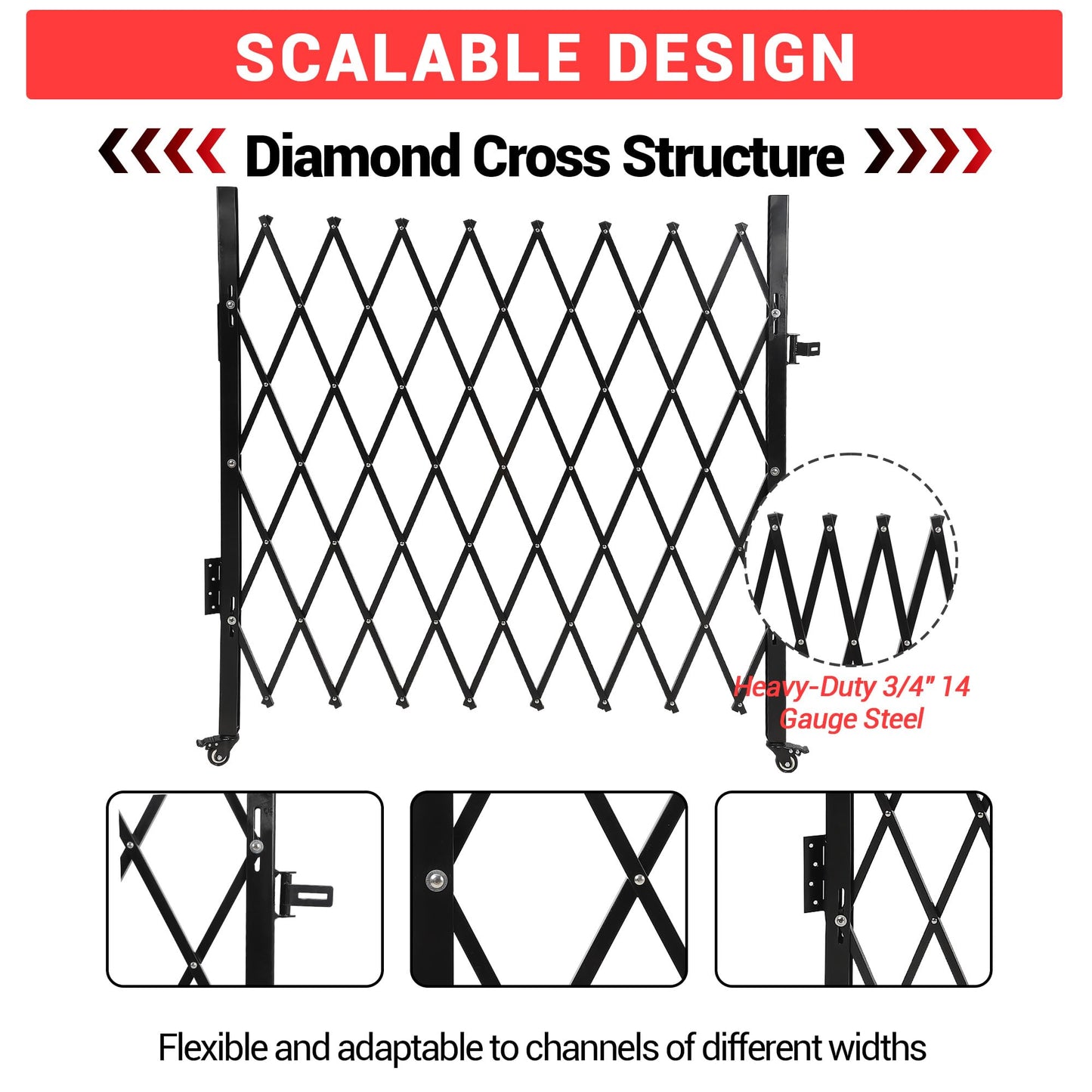 50" High x 67" Wide Expanding Security Gate. Black Aluminum Folding Scissor Gate with 360° Rolling Design. a Flexible and Portable Barricade for Driveways, Doors, and Access Control.