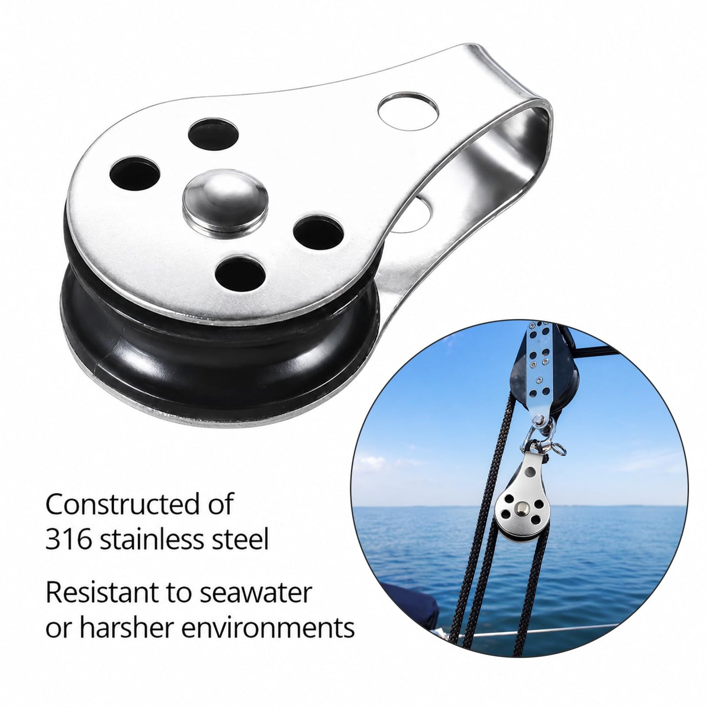 UISKEDS 316 Stainless Steel Marine Pulley Block, 25mm Nylon Single Sheave Pulley, Rustproof Heavy Duty Boat Pulley for Sailing, Kayak, Canoe & Rigging (2 pcs)
