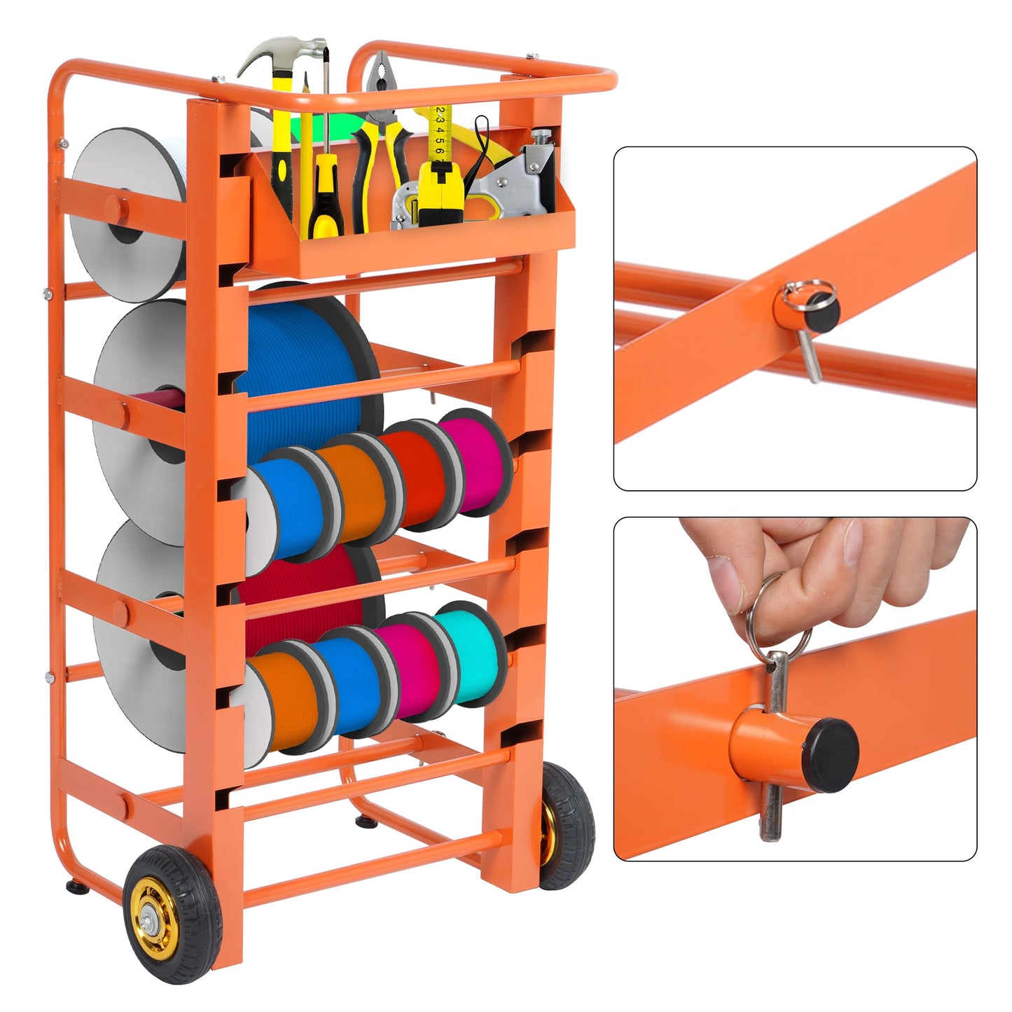 ikare Wire Spool Rack, Cable Caddy Heavy Duty Multi-Spool Wire Rack Dispenser with Wheel, Electrical Wire Spool Holder with Storage Tray for Wiring Storage and Electrical Industrial