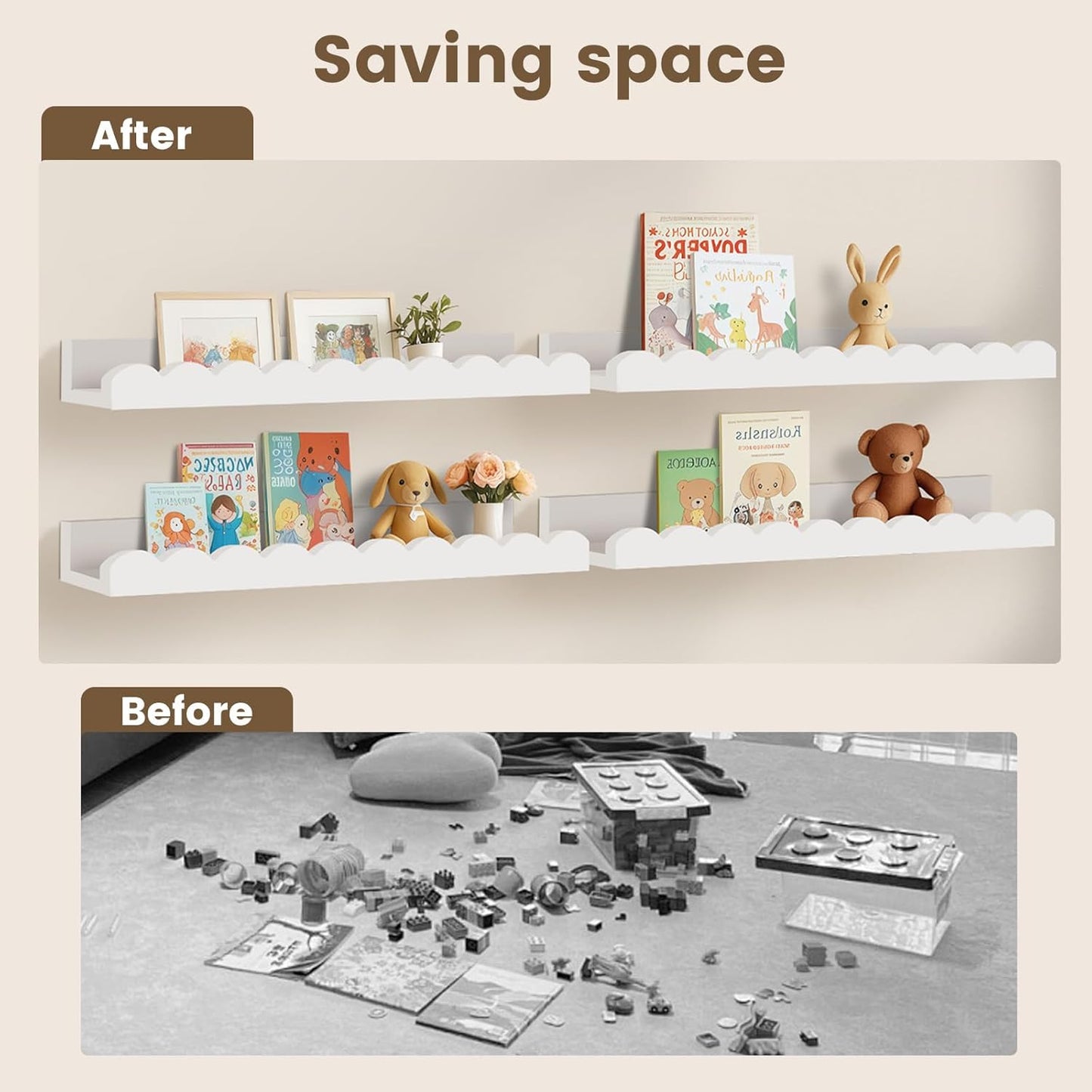 Yirilan 4-Pack Floating Nursery Shelves - Scalloped Design for Kids' Rooms | White Finish