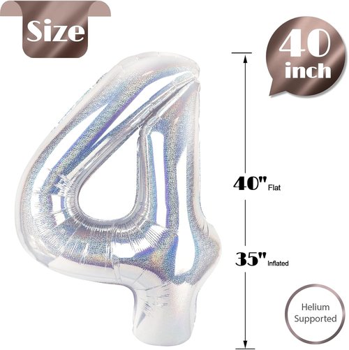Laser Silver Number 4 Balloon - 40 Inch Large Birthday Decoration for Girls' 4th Party