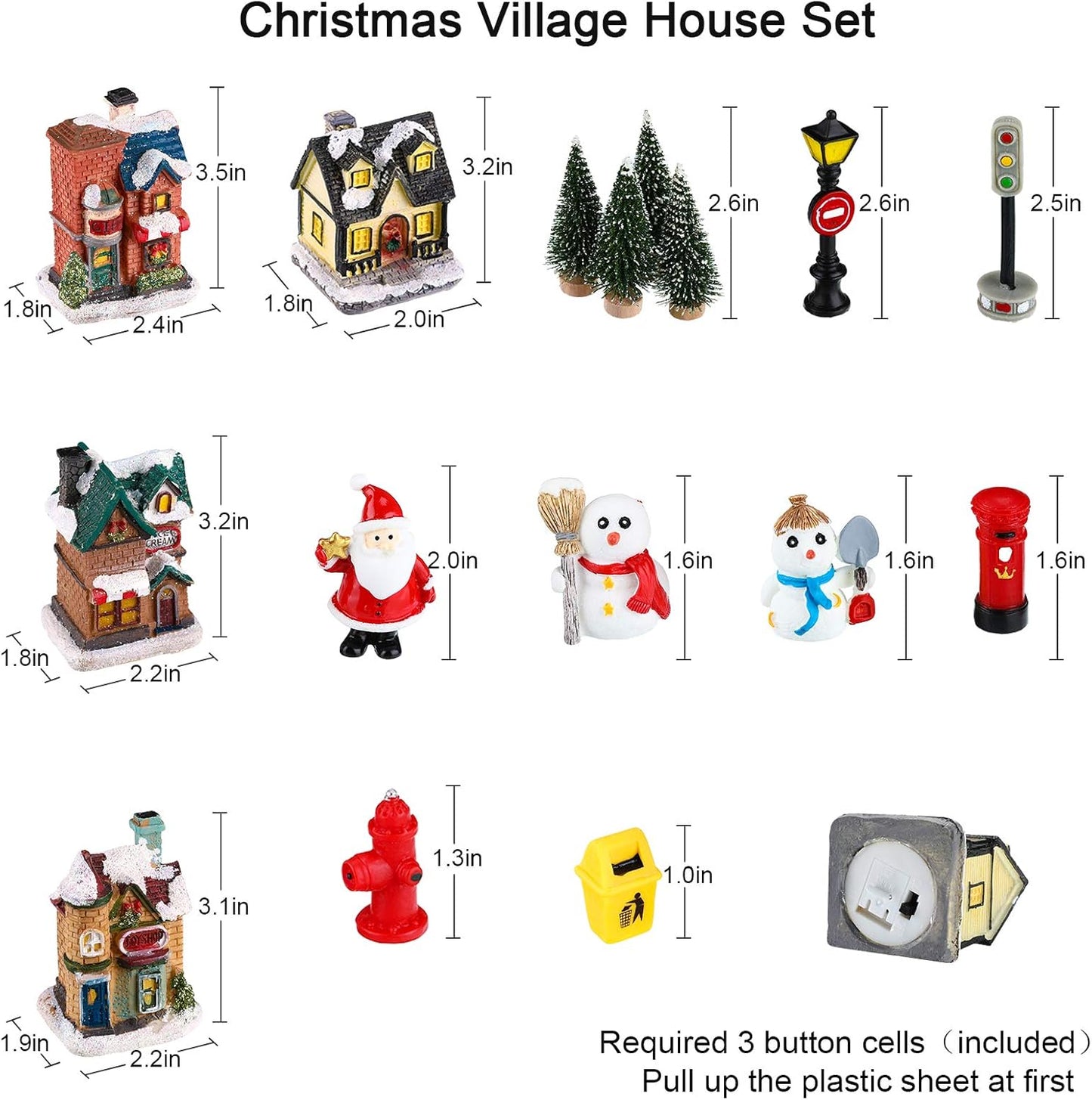 Skiennix 16-Piece Christmas Village Houses Set - LED Light-Up Figurines & Mini Accessories for Festive Decor
