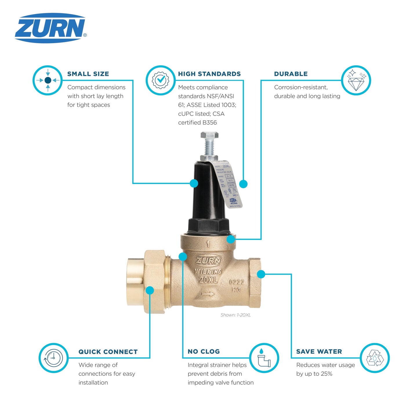 Zurn Wilkins 34-20XLDUC 3/4" 20XL Pressure Reducing Valve (Double Union Copper Sweat x Copper Sweat)