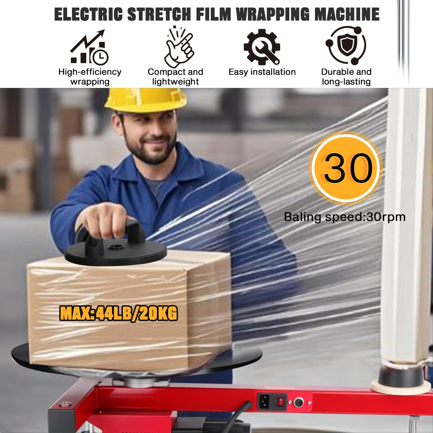 Helivivfy Electric Stretch Film Wrapping Machine, T-Shaped Design High-Efficiency Labor-Saving with 15.7in Auxiliary Turntable and Foot Pedal Switch