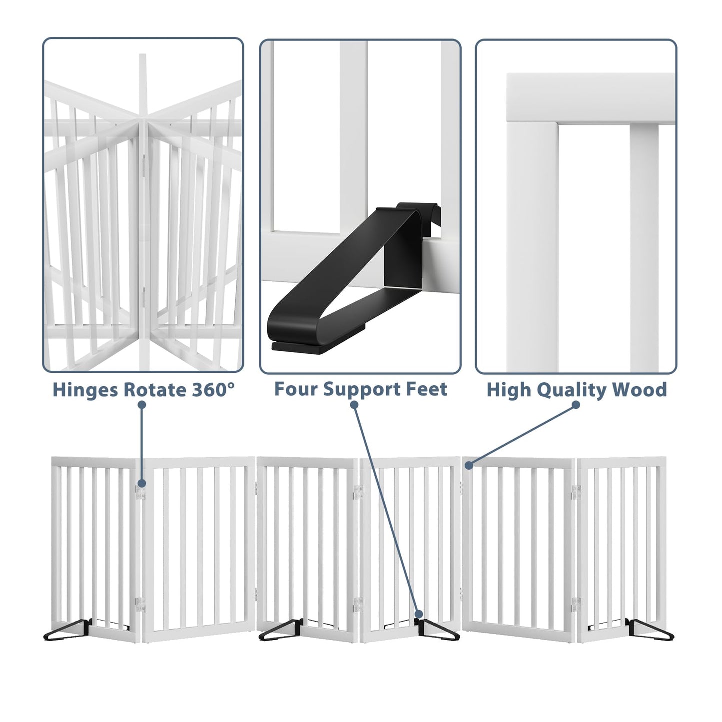 Dog Gates for Doorways Extra Wide 110inches (9ft), Wooden Freestanding Pet Gates for Dogs with 4 Support Stands, Foldable Gates for Dogs Indoor