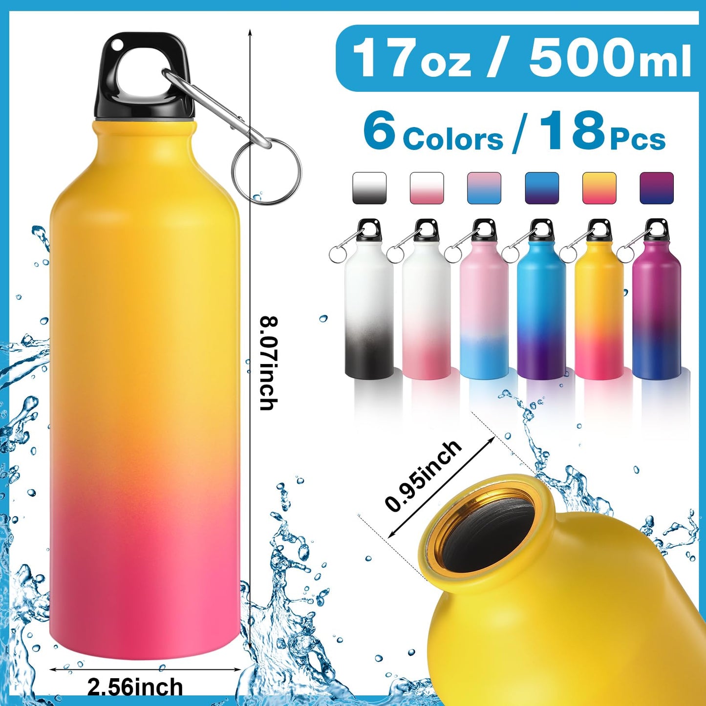 Potchen 18 Pcs Water Bottles Multipack Aluminum Bulk Graduation End of Year Nurse Teacher Gifts Metal Reusable Lightweight Sport School Leak Proof Twist Cap Gym Hiking Travel(Gradient Color,17 oz)