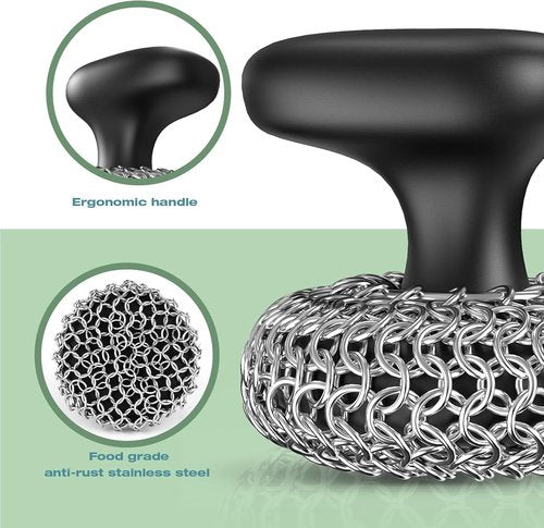 Cast Iron Scrubber - 316 Chainmail Dish Brush for Effective Skillet Cleaning | Dishwasher Safe, Black