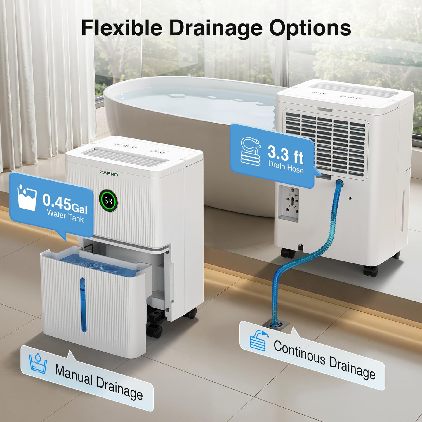 ZAFRO 1600 Sq.Ft Dehumidifiers for Home and Basement with Drain Hose, Ultra Quiet 41dB, Energy Saving Max 21 Pints Dehumidifier with Auto or Manual Drainage, Auto Defrost, Three Modes, Dry Clothes