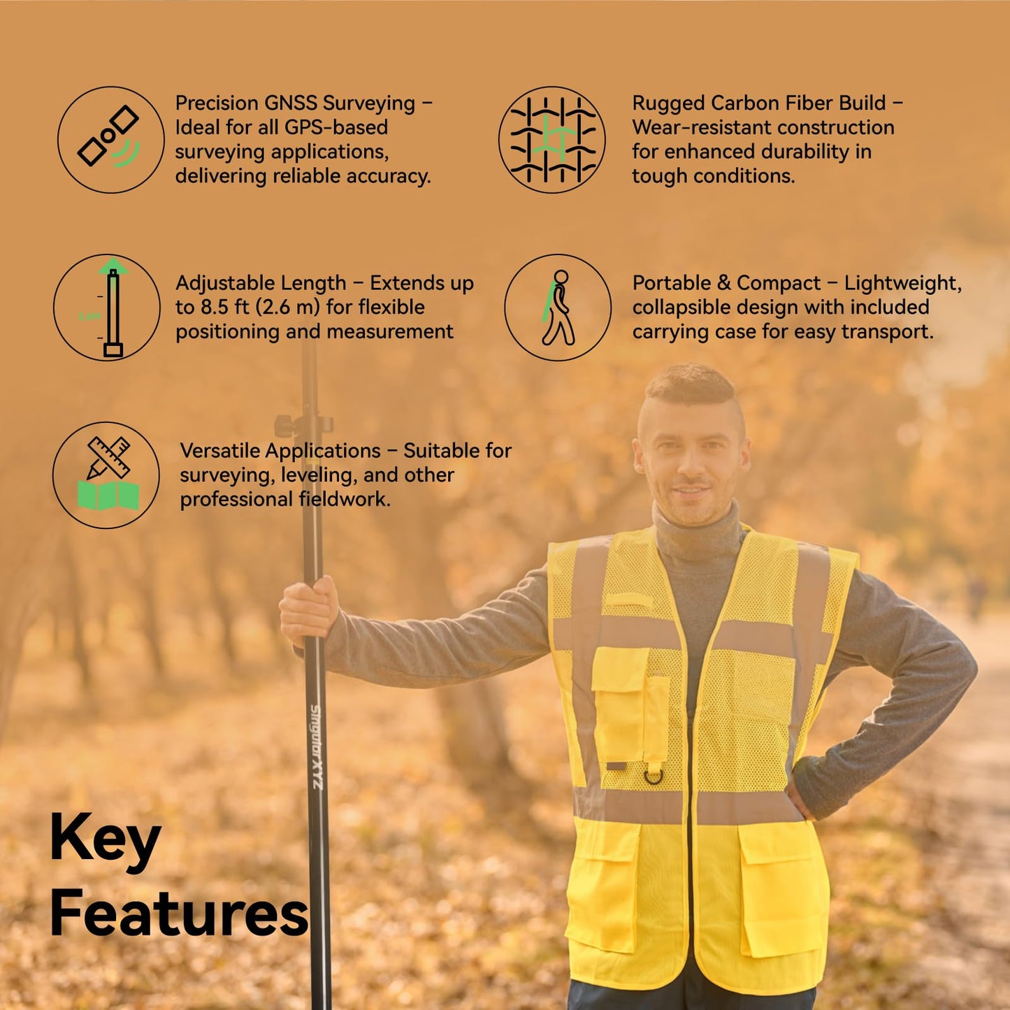 SingularXYZ Carbon Fiber & Aluminum GPS Pole – Telescopic 8.5ft/2.6m GPS Survey Pole with Screw Lock & Locking Pin, Metric-Feet Dual Scales, Bubble Level, Steel Point for RTK GNSS Surveying